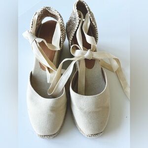 Castaner Carina Espadrille Wedge Ivory Fabric Sandals Women's Size 39